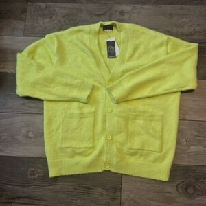 Orginal Use  Mens Neon Yellow Fuzzy Knit Cardigan Sweater Recycled Polyester XL